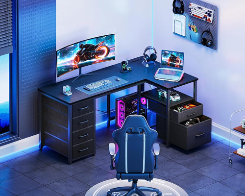 L Shaped Computer Desk with 6 Drawers & Power Outlet, 55 Inch Corner