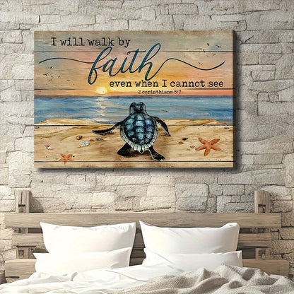 1pc Landscape Canvas Painting, Sea Turtle Painting, Sand Beach Poster, Gift For Christian, I Will Walk By Faith, Landscape Canvas Prints Wall Art, Home Decor