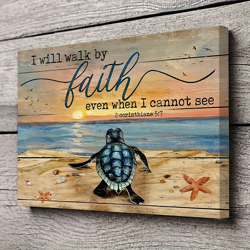 1pc Landscape Canvas Painting, Sea Turtle Painting, Sand Beach Poster, Gift For Christian, I Will Walk By Faith, Landscape Canvas Prints Wall Art, Home Decor