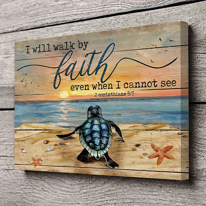 1pc Landscape Canvas Painting, Sea Turtle Painting, Sand Beach Poster, Gift For Christian, I Will Walk By Faith, Landscape Canvas Prints Wall Art, Home Decor