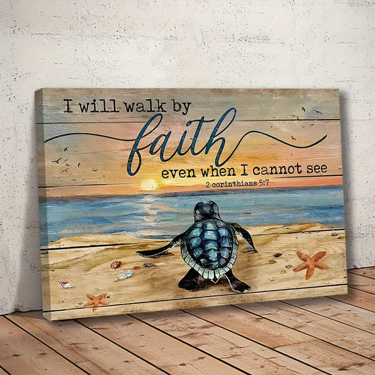 1pc Landscape Canvas Painting, Sea Turtle Painting, Sand Beach Poster, Gift For Christian, I Will Walk By Faith, Landscape Canvas Prints Wall Art, Home Decor