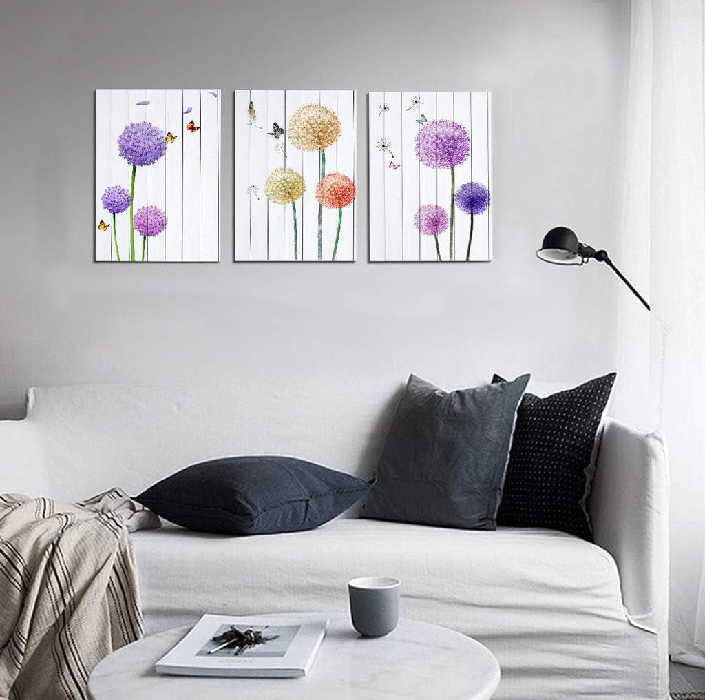 Stunning Dandelion & Butterfly Purple Flowers Canvas Wall Art - 3 Panel Set for Elegant Home Décor, 12x16 Inch Each, Perfect for Living Room and Bedroom
