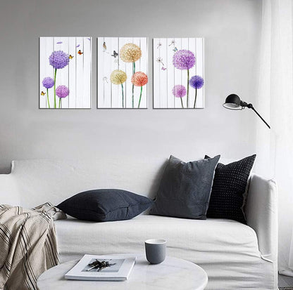 Stunning Dandelion & Butterfly Purple Flowers Canvas Wall Art - 3 Panel Set for Elegant Home Décor, 12x16 Inch Each, Perfect for Living Room and Bedroom