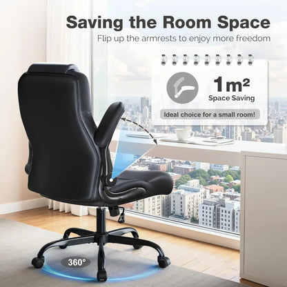 High Back Office Chair, Ergonomic Big and Tall Desk Chair, Adjustable Flip up Armrest Executive Chair Made of PU Leathe