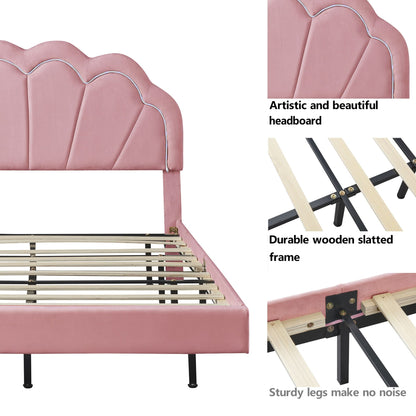 2-Pieces Bedroom Sets Full Size Upholstered LED Platform Bed with Storage Ottoman-Velvet,Pink