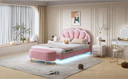 2-Pieces Bedroom Sets Full Size Upholstered LED Platform Bed with Storage Ottoman-Velvet,Pink
