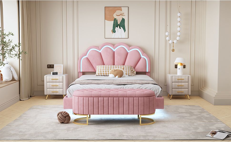 2-Pieces Bedroom Sets Full Size Upholstered LED Platform Bed with Storage Ottoman-Velvet,Pink