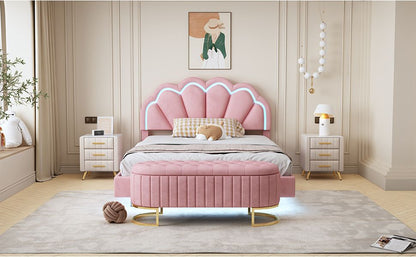 2-Pieces Bedroom Sets Full Size Upholstered LED Platform Bed with Storage Ottoman-Velvet,Pink