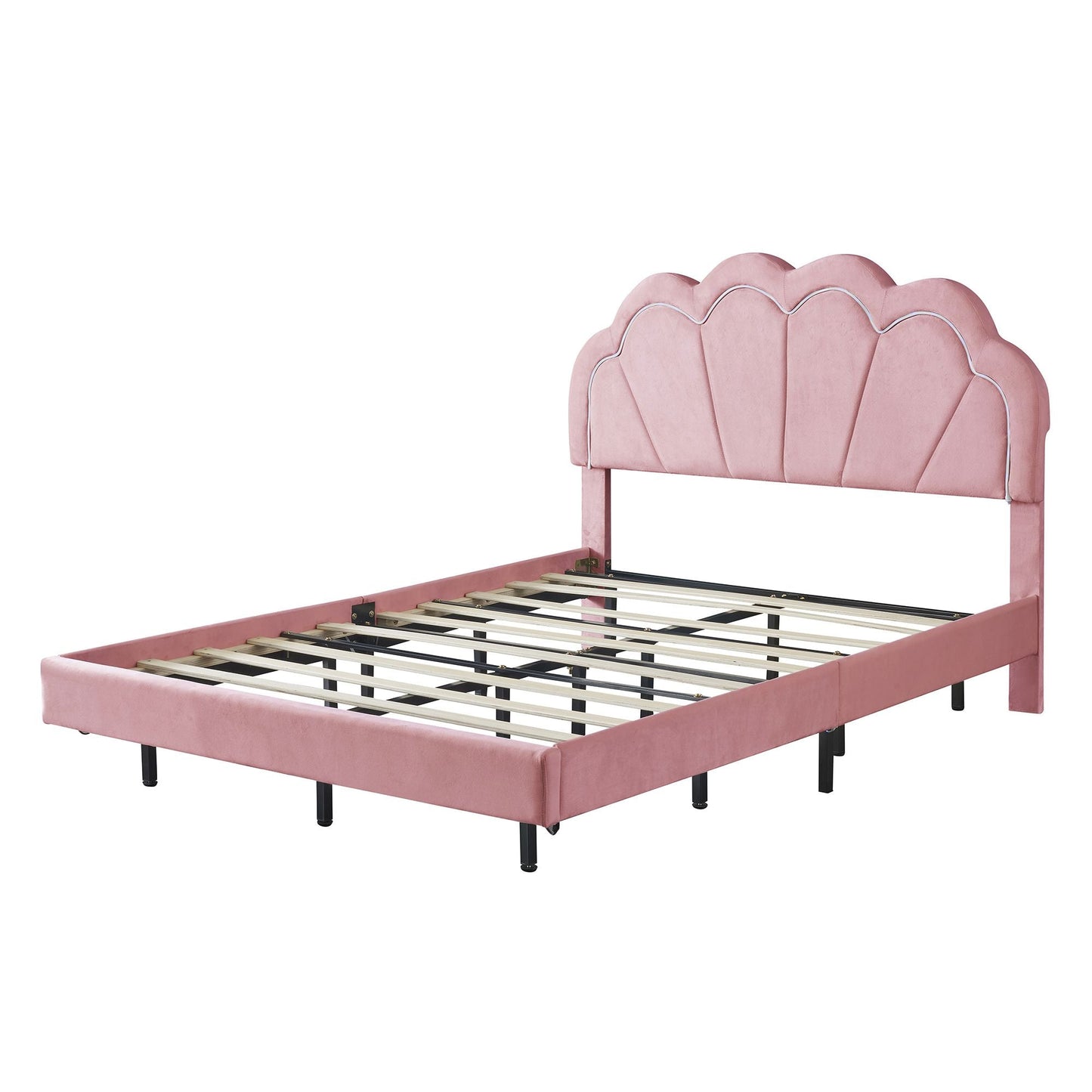 2-Pieces Bedroom Sets Full Size Upholstered LED Platform Bed with Storage Ottoman-Velvet,Pink