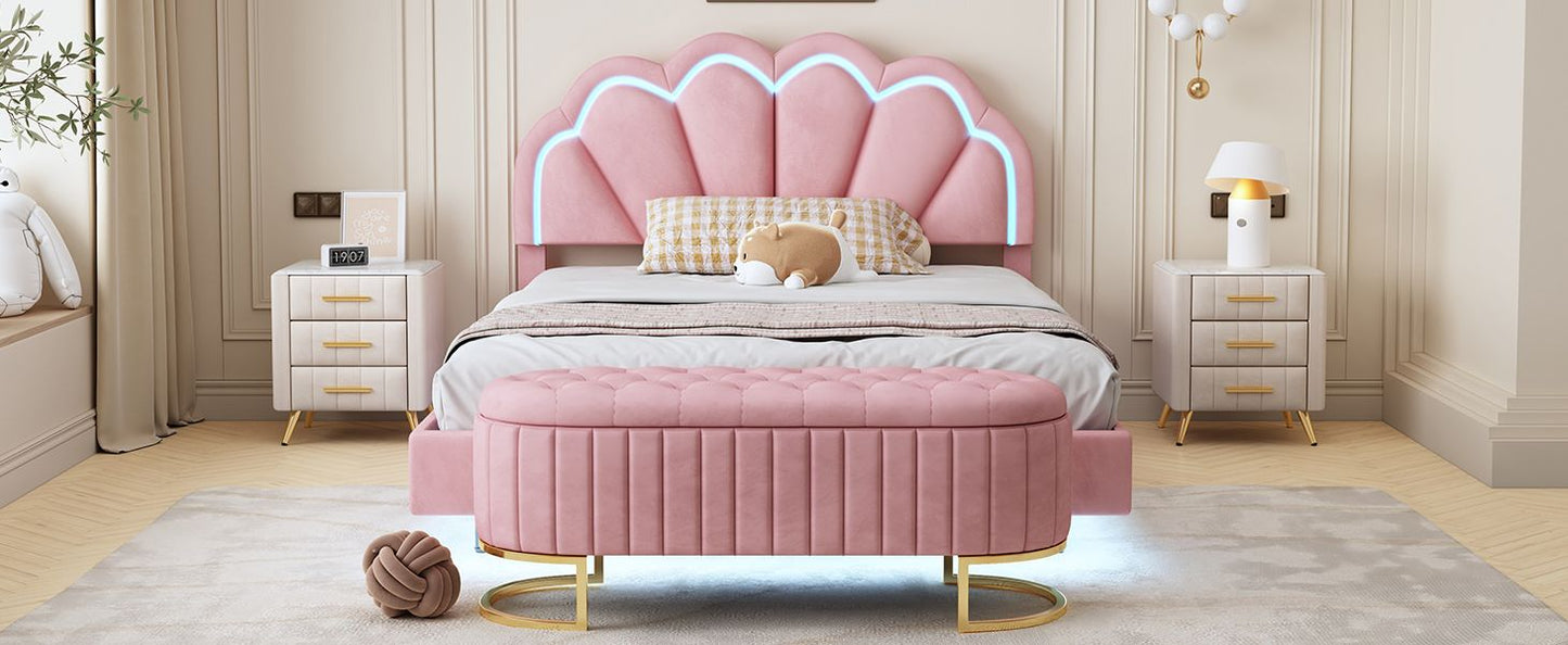 2-Pieces Bedroom Sets Full Size Upholstered LED Platform Bed with Storage Ottoman-Velvet,Pink