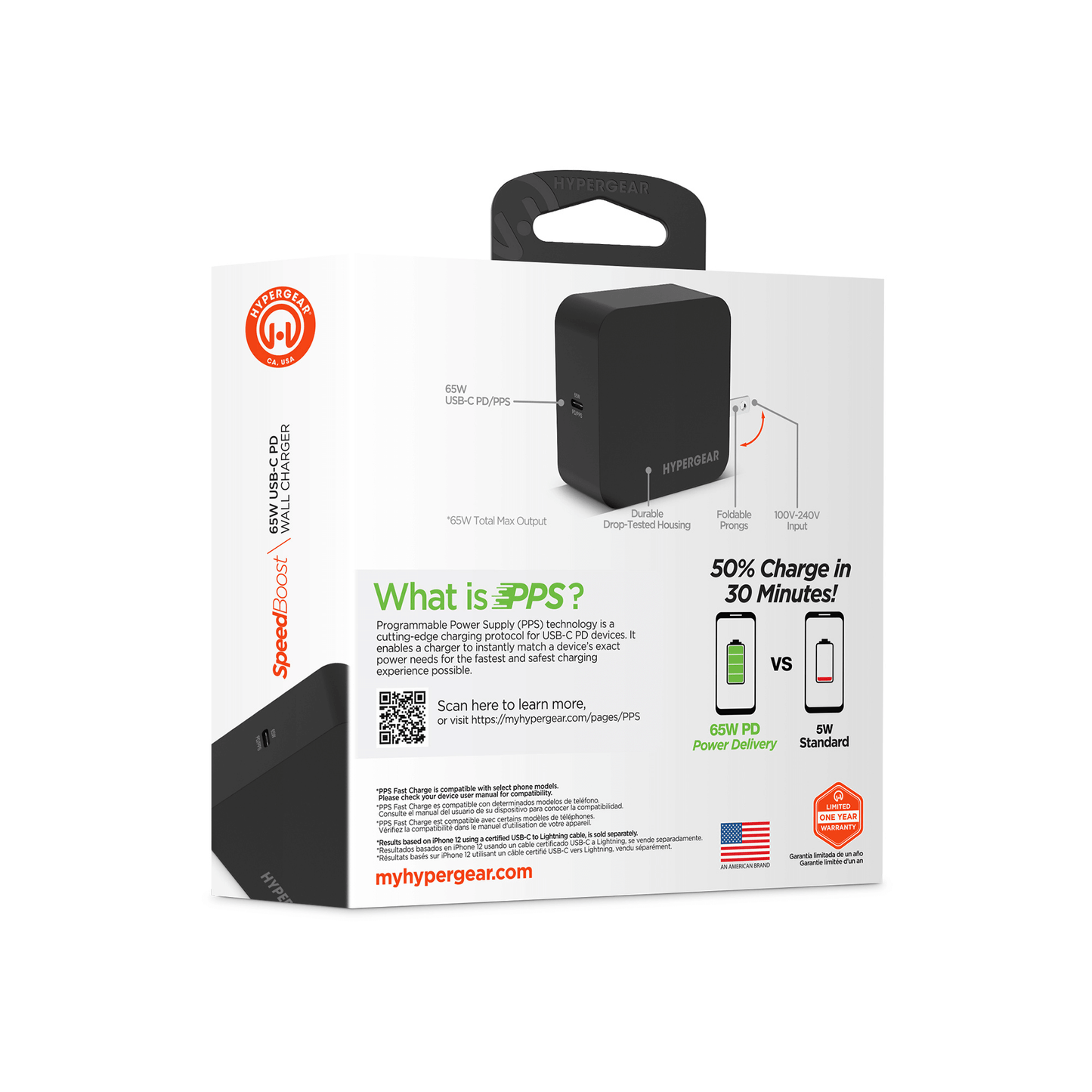 HyperGear SpeedBoost 65W USB-C PD Laptop Wall Charger with PPS