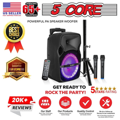5Core 8 Inch PA Portable Bluetooth Party Speaker Karaoke Boombox + 2