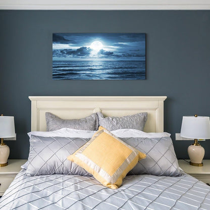 Stunning Blue Sea Moon Landscape Canvas Wall Art - Large Ready-to-Hang Modern Decor for Living Room (20x40 Inch)