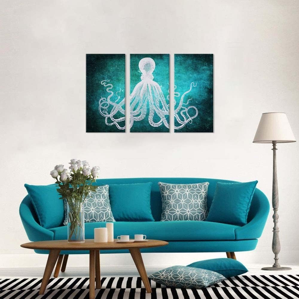 Stunning  Modern Octopus Canvas Art - Large 3-Panel Framed Wall Décor (8x16 Inches Each) Ready to Hang