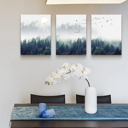 Enchanting Foggy Forest 3-Piece Canvas Wall Art Set - Stretched & Framed Landscape Decor for Living Room, Bedroom, or Office - Ready to Hang 12"x16" Panels