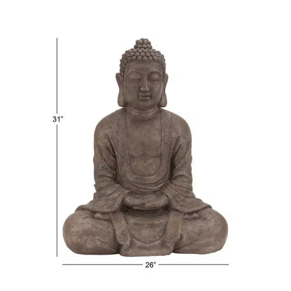 Brown Polystone Meditating Buddha Sculpture with Engraved Carvings and Relief Detailing
