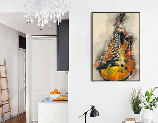 CCN IXMAH Vintage Guitar Art Wall Decor Poster - Minimalist 16"x24" Unframed Print for Home, Bar, or Kitchen Decor, Yellow