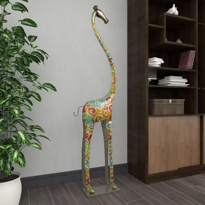 Multi Colored Metal Indoor Outdoor Tall Giraffe Sculpture with Detailed Embossed Scrollwork