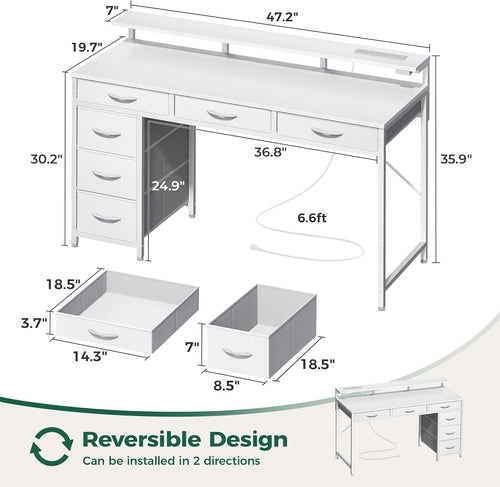 Gaming Desk with 6 Drawers, Computer Desk with LED Lights Power