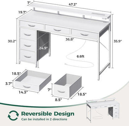 Gaming Desk with 6 Drawers, Computer Desk with LED Lights Power