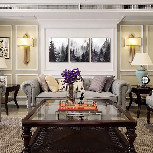 Elegant Black and White Forest Landscape Canvas Art – Set of 3 Watercolor Prints for Living Room, Bedroom, and Office Decor