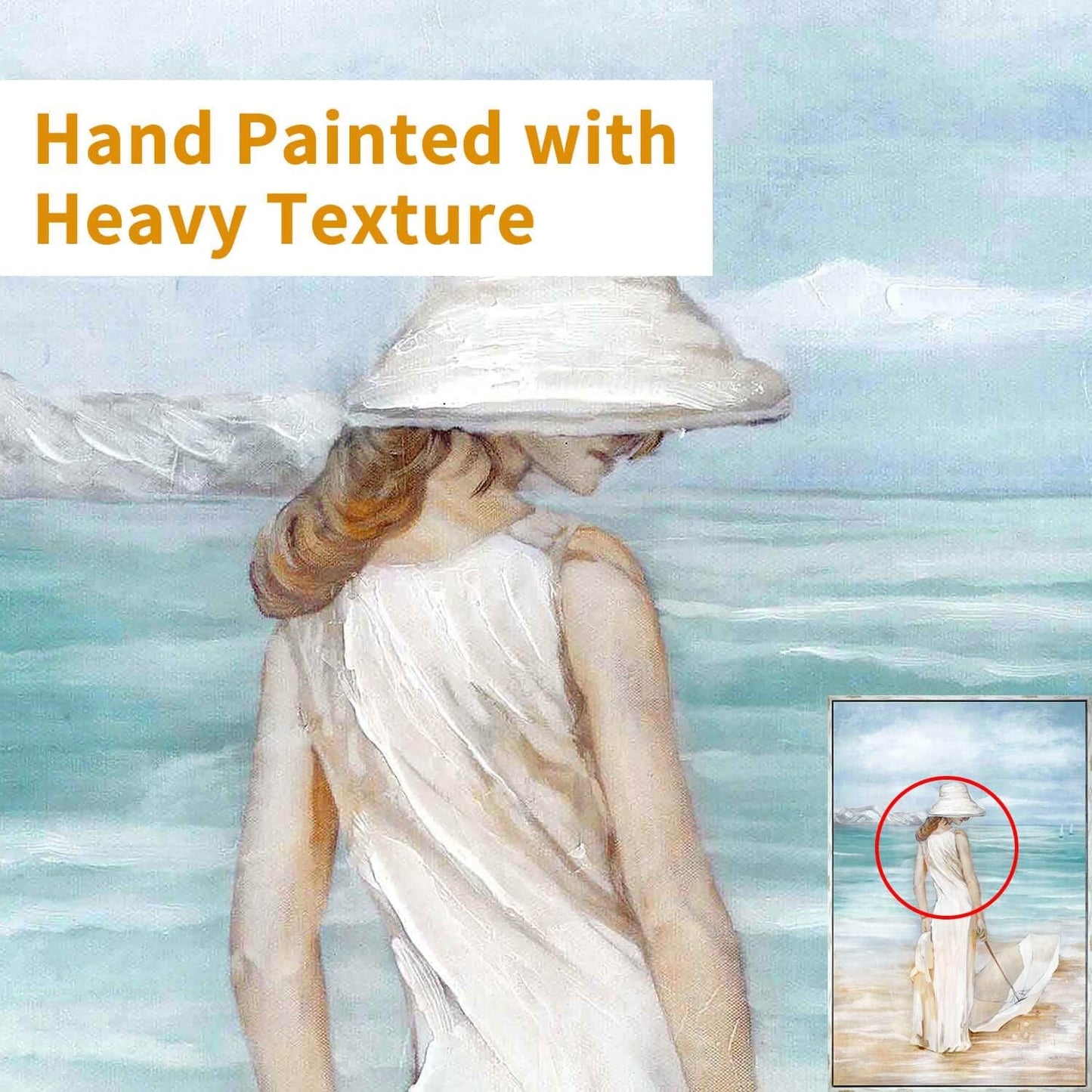 Modern Coastal Beach Canvas Art - Hand-Painted Ocean Scene with Women & Umbrella - Framed Wall Décor for Bedroom (45” x 30”)