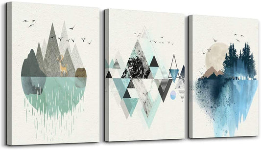 Stunning 3-Piece Abstract Mountain Geometry Canvas Wall Art Set - Perfect for Living Room, Office, Bedroom, and Bathroom Décor - 12x16 Inch Panels