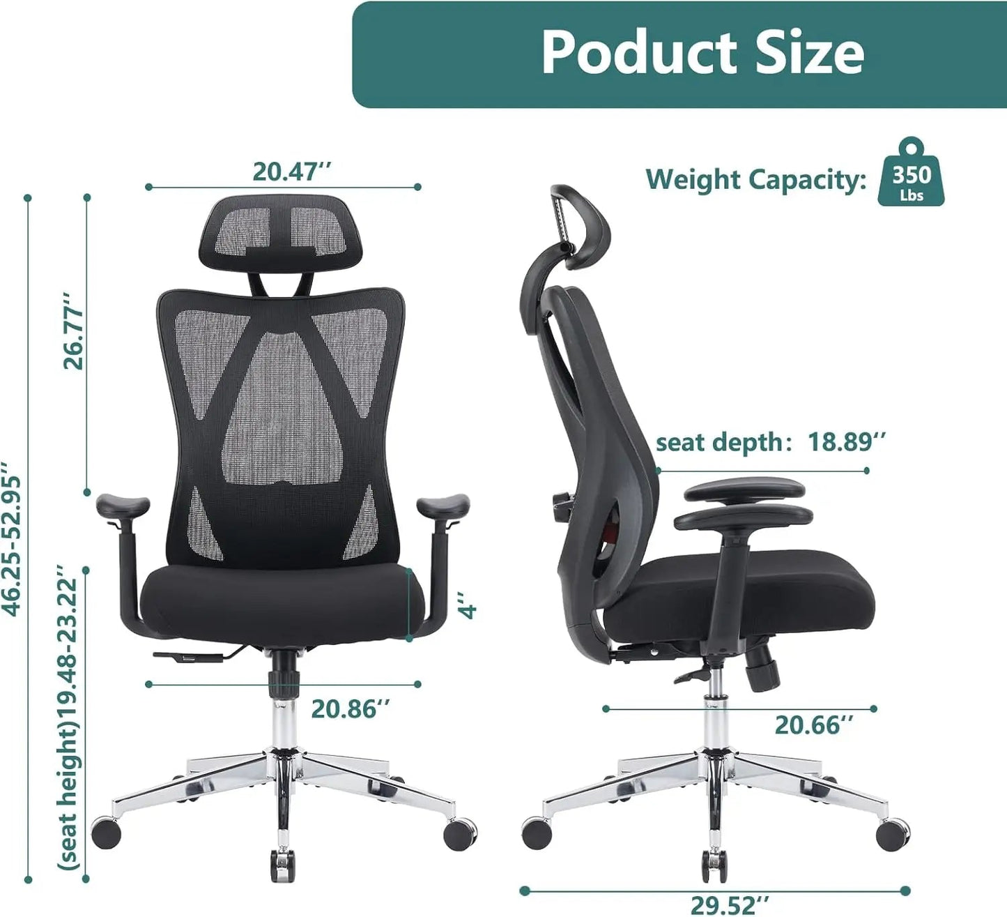 Home Office Desk Chair, Ergonomic Rolling Work Swivel High Ba 135°Tilt Function Big and Tall Computer with Wheels, 2D Armrest