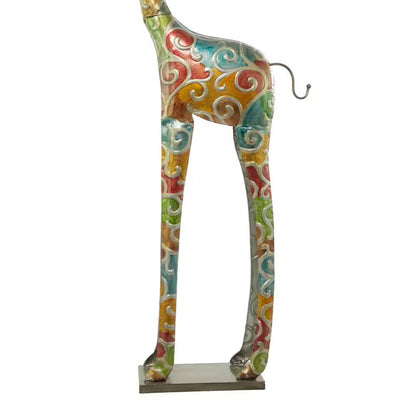 Multi Colored Metal Indoor Outdoor Tall Giraffe Sculpture with Detailed Embossed Scrollwork