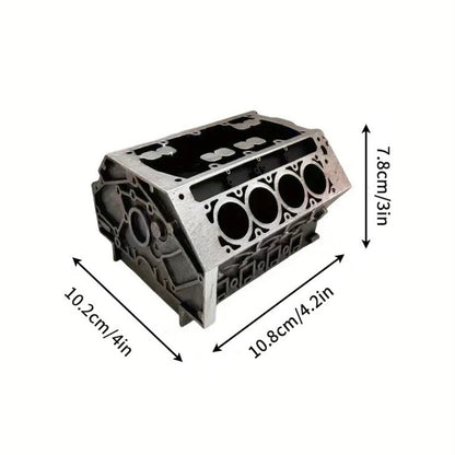 Engine Block Desk Organizer: Modern art for desktop/bookshelf. Holds business cards, a creative office accessory.