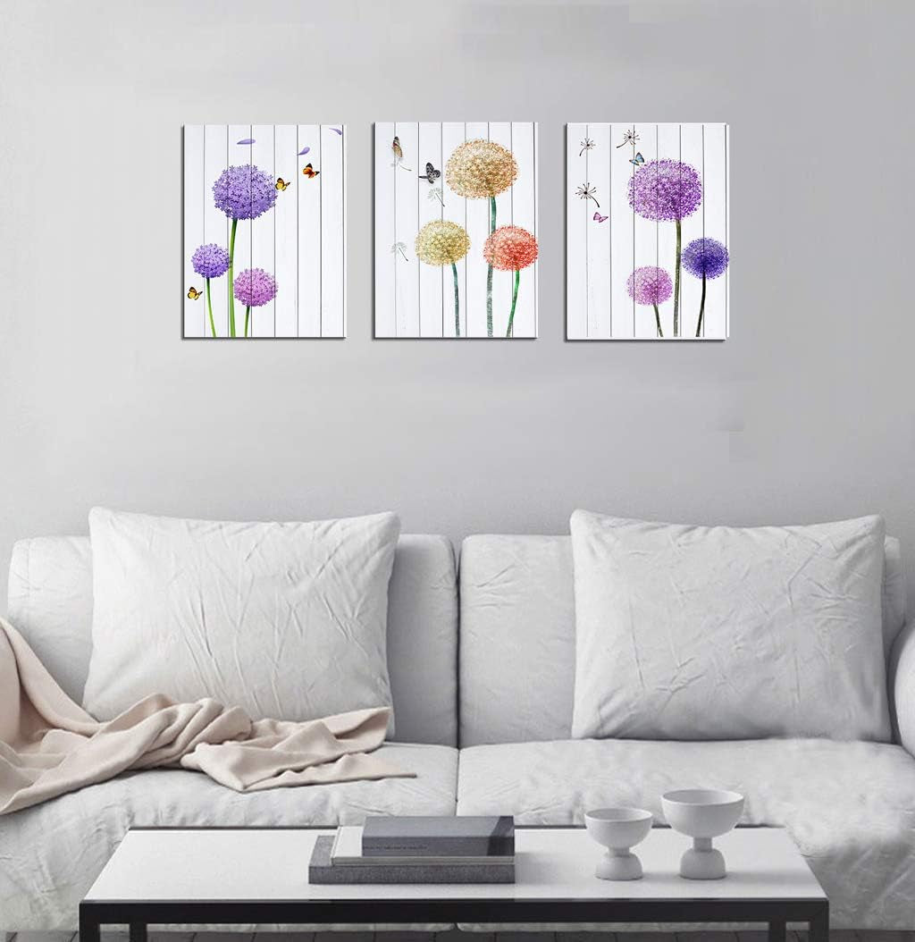 Stunning Dandelion & Butterfly Purple Flowers Canvas Wall Art - 3 Panel Set for Elegant Home Décor, 12x16 Inch Each, Perfect for Living Room and Bedroom