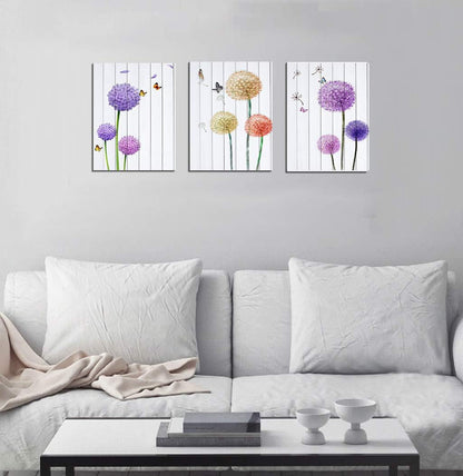 Stunning Dandelion & Butterfly Purple Flowers Canvas Wall Art - 3 Panel Set for Elegant Home Décor, 12x16 Inch Each, Perfect for Living Room and Bedroom