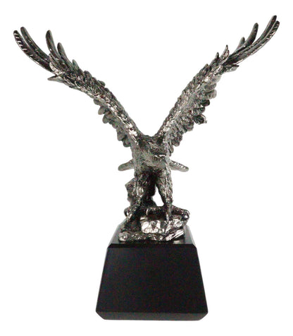 Electroplated Pewter Silver Bald Eagle with Open Wings Landing on Rock Statue