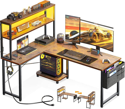 L Shaped Desk Gaming Desk with LED Light & Power Outlet, 53 Inch