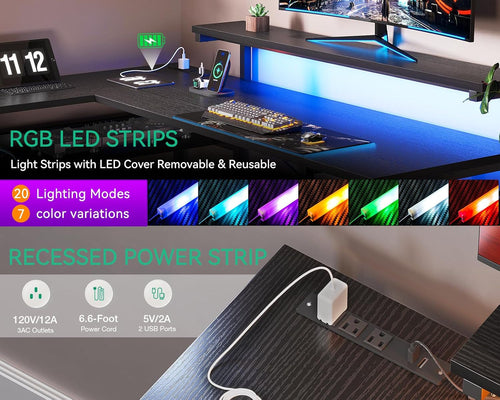 61" L Shaped Desk with Drawer, Computer Desk with Power Outlets & LED