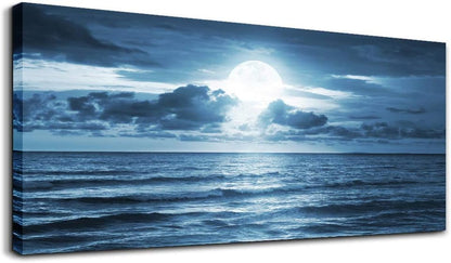 Stunning Blue Sea Moon Landscape Canvas Wall Art - Large Ready-to-Hang Modern Decor for Living Room (20x40 Inch)
