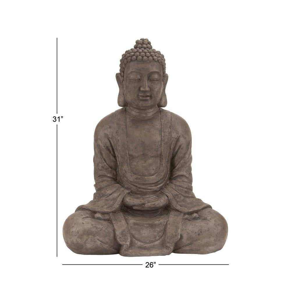 Brown Polystone Meditating Buddha Sculpture with Engraved Carvings and Relief Detailing