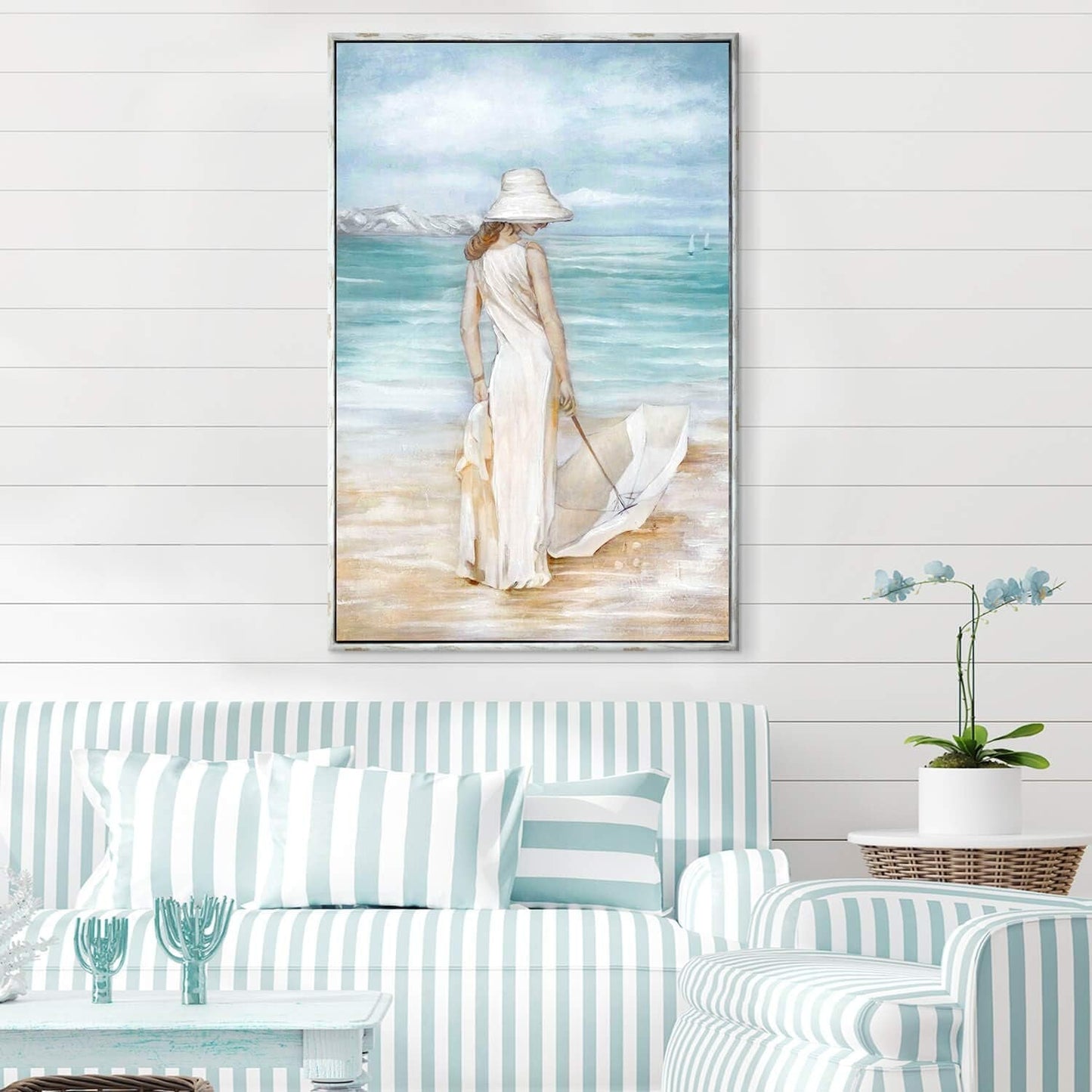 Modern Coastal Beach Canvas Art - Hand-Painted Ocean Scene with Women & Umbrella - Framed Wall Décor for Bedroom (45” x 30”)
