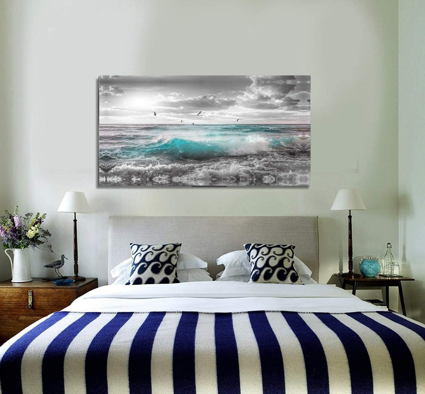 Stunning 24"x48" Framed Ocean Sunset Canvas Art - Serene Beach Wall Decor for Bedroom, Bathroom, and Dining Room with Seagulls and Waves