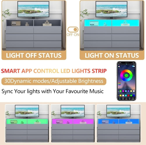 6-Drawer LED Dresser, Charging Station, Bedroom/Living Room
