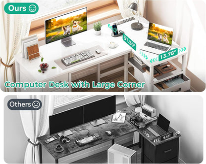 L Shaped Computer Desk with 6 Drawers & Power Outlet, 55 Inch Corner