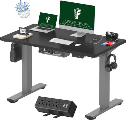 EN2 Height Adjustable Electric Standing Desk - 48"x30" with Clamp Power Strip & Cable Management (Gray Frame + Mahogany Top)