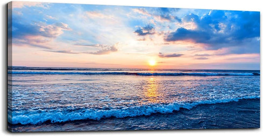 Serene Blue Beach Canvas Wall Art - Ocean Waves Landscape Decor for Living Room, Bedroom, Kitchen & Bathroom - Ready to Hang Inspirational Artwork