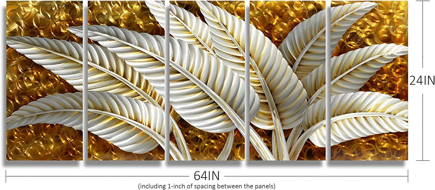 Stunning BATRENDY Silver Banana Leaves Metal Wall Art - Rustic Gold Aluminium 5-Panel Hand Polished Sculpture for Living Room and Bedroom Decor