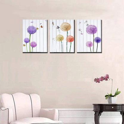 Stunning Dandelion & Butterfly Purple Flowers Canvas Wall Art - 3 Panel Set for Elegant Home Décor, 12x16 Inch Each, Perfect for Living Room and Bedroom