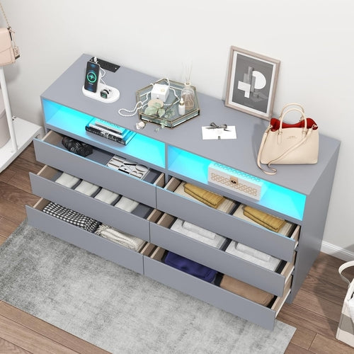 6-Drawer LED Dresser, Charging Station, Bedroom/Living Room
