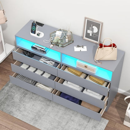6-Drawer LED Dresser, Charging Station, Bedroom/Living Room