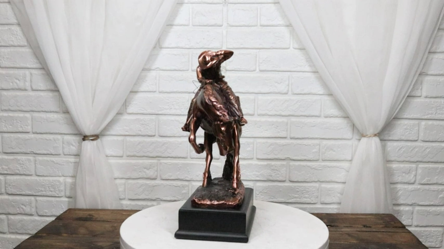 Rustic Western Rodeo Cowboy on a Rearing Horse Bronzed Resin Statue