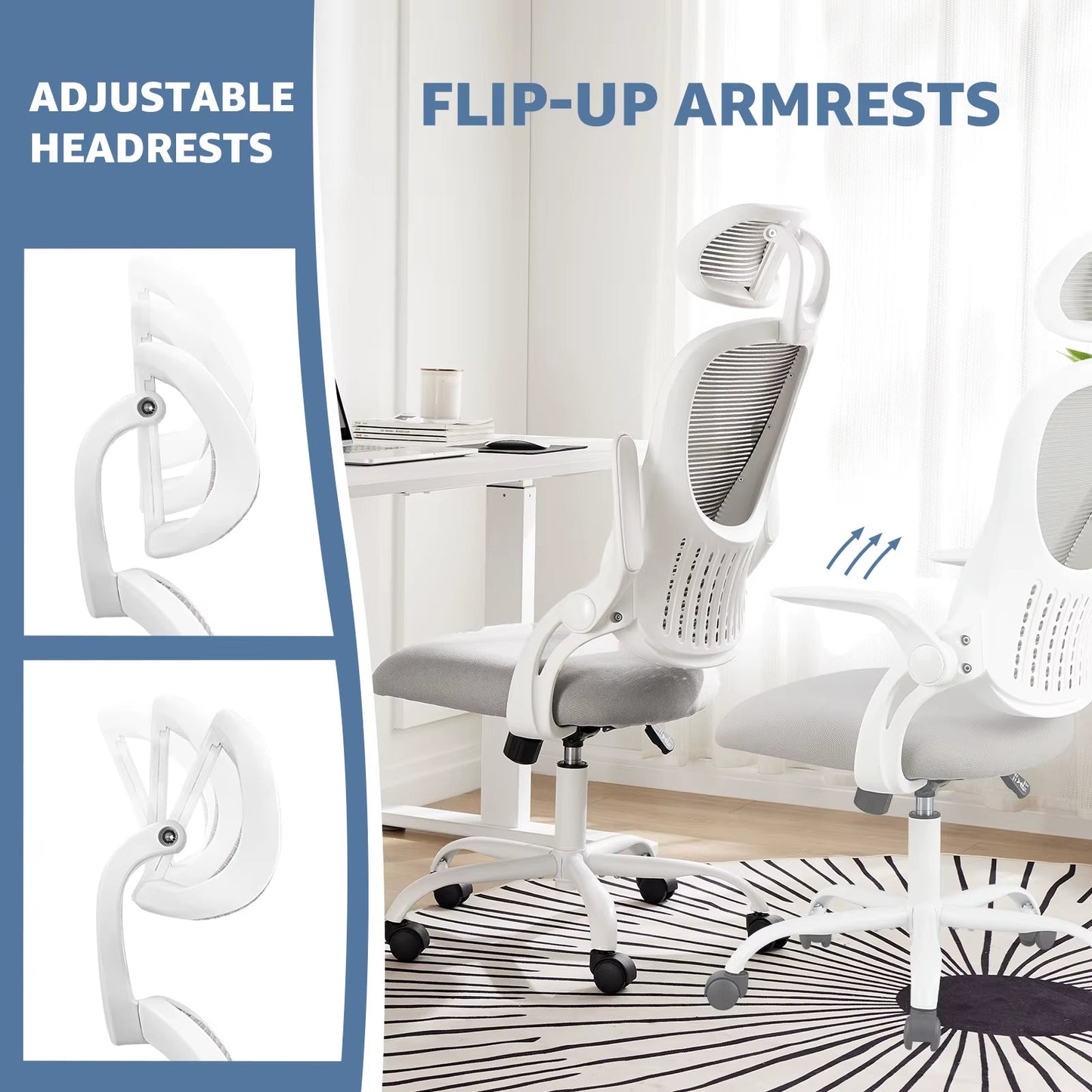 Mesh Ergonomic Office Computer Desk Chair Flip-Up Arms Adjustable Headrests Comfortable Lumbar Support for Home Office