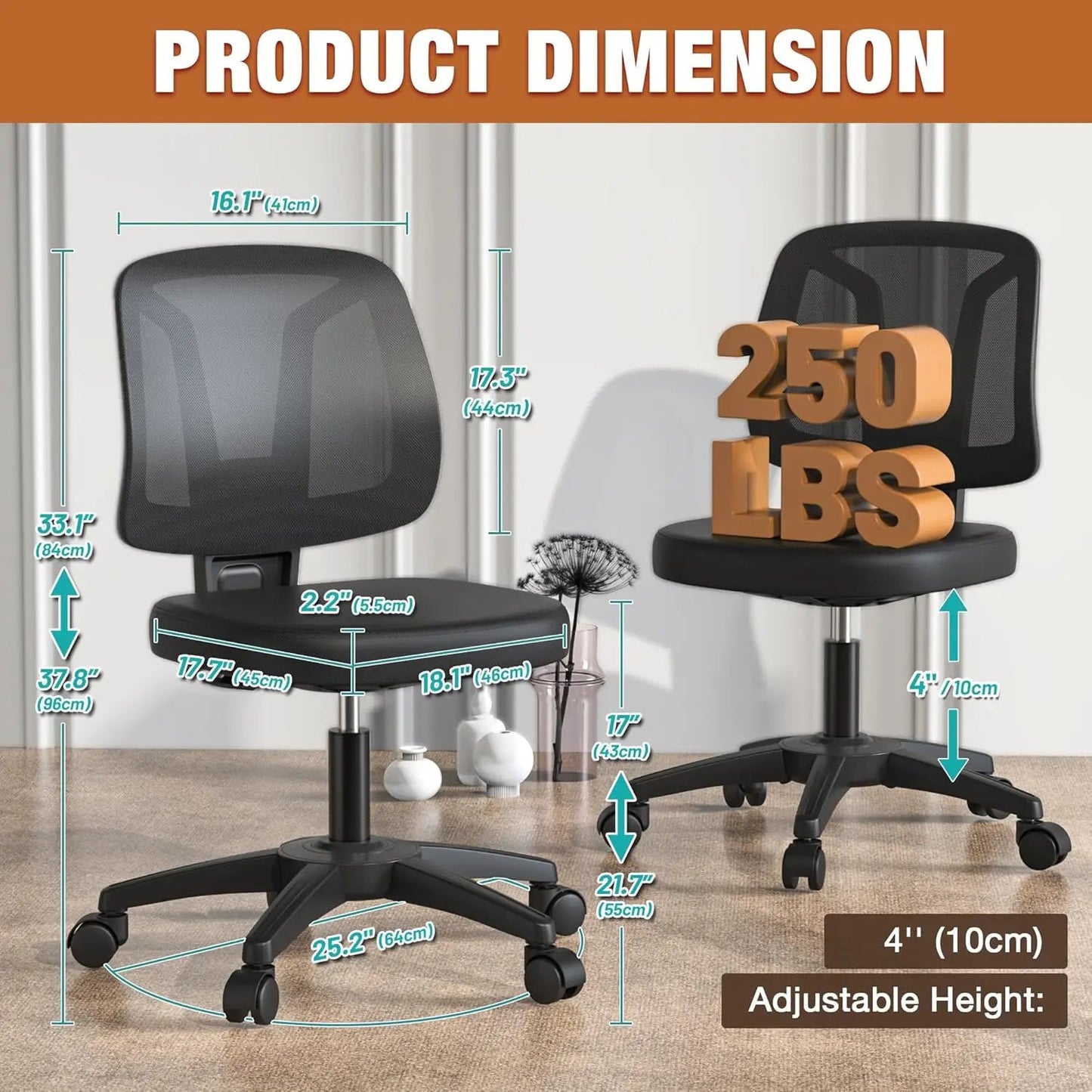 Swivel No Arms Small Office Desk Chair for Computer Home with Height Adjustable Back Support and Rotatoable Wheels for Small